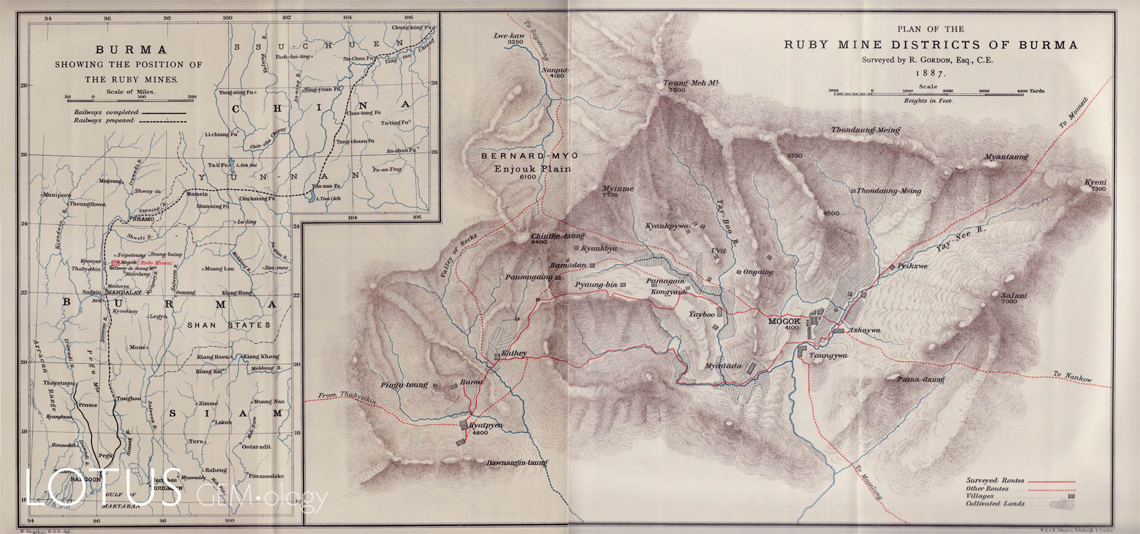Robert Gordon was on the original British expedition to Mogok (Myanmar). His map, published by the Royal Geographical Society in 1888, was the first detailed map of the region. Click on the map for a larger image.