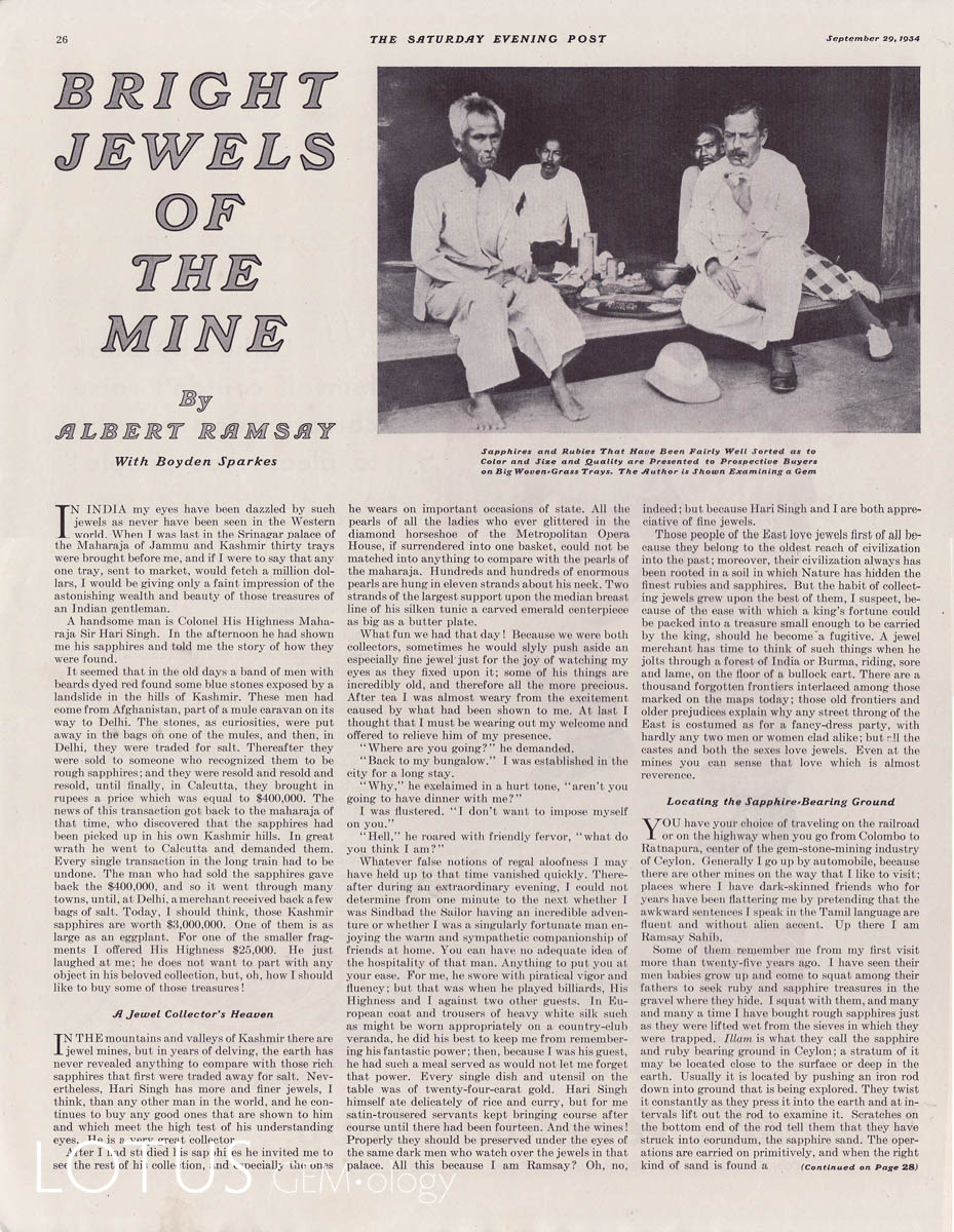 British gem cutter Albert Ramsay published a wonderful serialized account of his adventures in the gem trade in the Saturday Evening Post. Original copies of these articles are quite scare, in part because the magazine covers themselves are considered collectable. Click on a photo for a larger image.