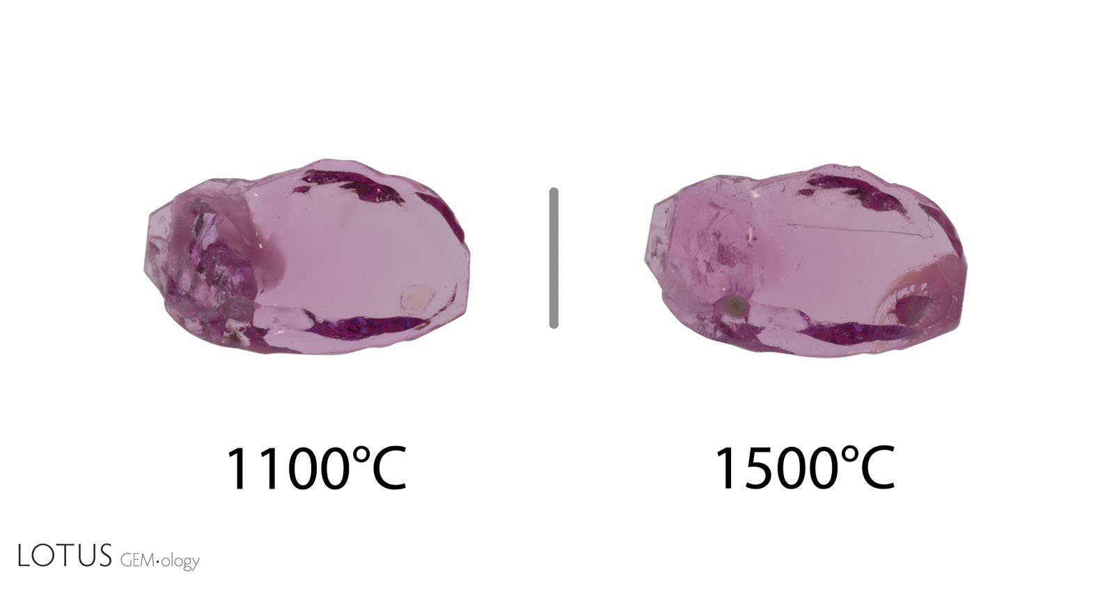 Figure 3. When heated to 1500°C, a cluster of inclusions on the left side of sample 10 became less obvious. On the right side, the alteration of a sphene crystal created clarity issues. Photos by Sora-at Manorotkul.