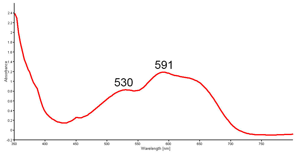 Figure 15. Non-polarized UV-Vis-NIR spectra of a new generation Tanusorn-treated sapphire showing cobalt-related absorption bands peaked at 530 and 591 nm. An additional peak at 625 nm is sometimes seen. Spectrum: GIT