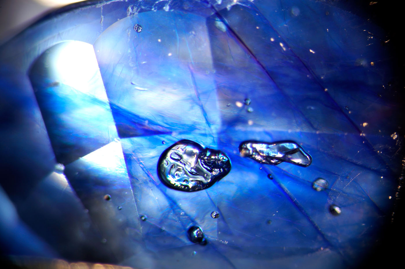 Figure 8. Flattened gas bubbles stand out in high relief in the glass filler of this cobalt-glass filled sapphire. Oblique fiber-optic illumination. Photo: Wimon Manorotkul