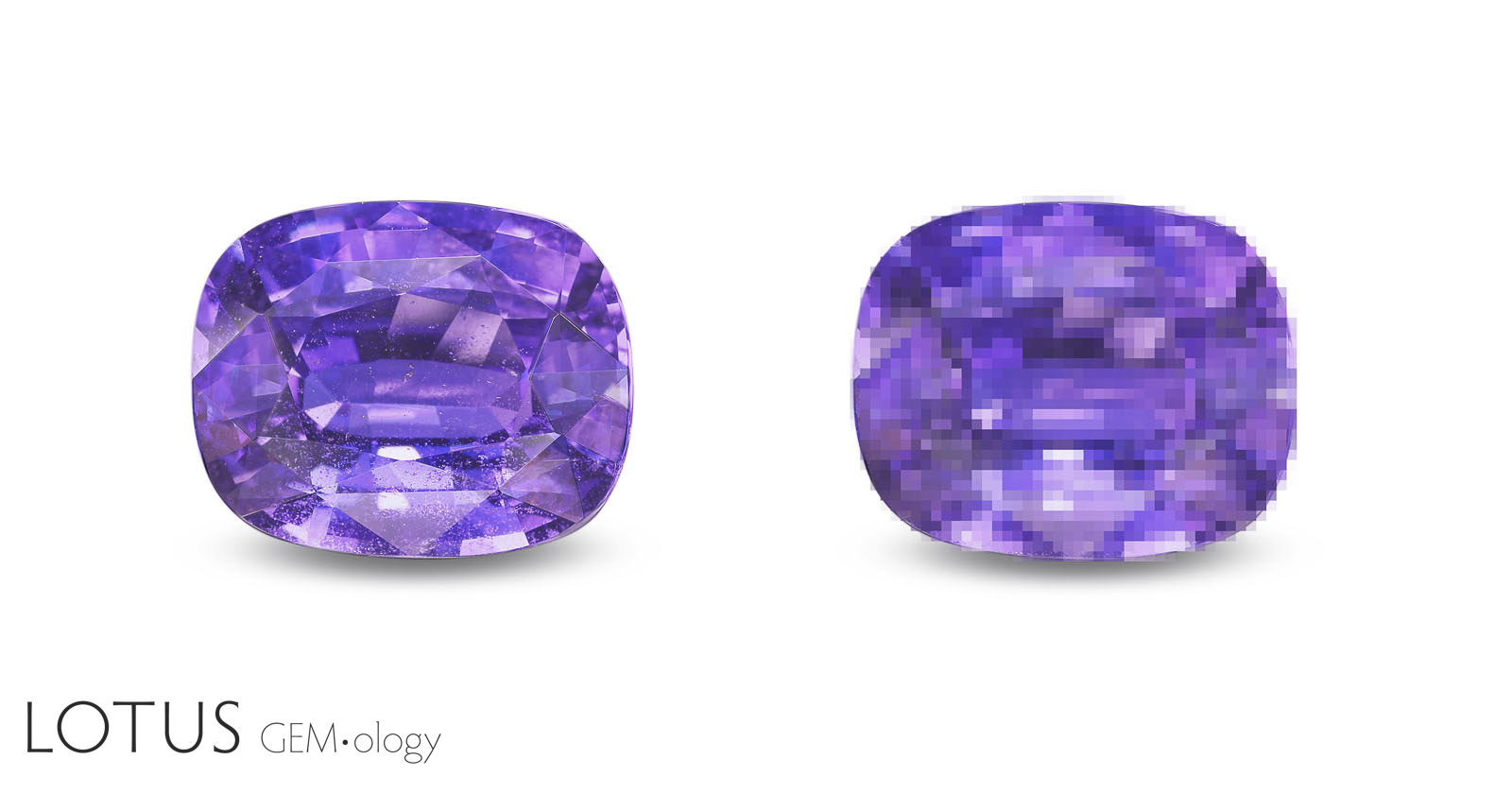 Figure 8. Faceted gemstones are not a single “color,” but a three-dimensional mosaics of colors that change when the eyes, gem, or light moves. To help visualize this, the author has pixelated the gem at right to reduce the actual number of colors: So, what “color” is it? Photo: Lotus Gemology