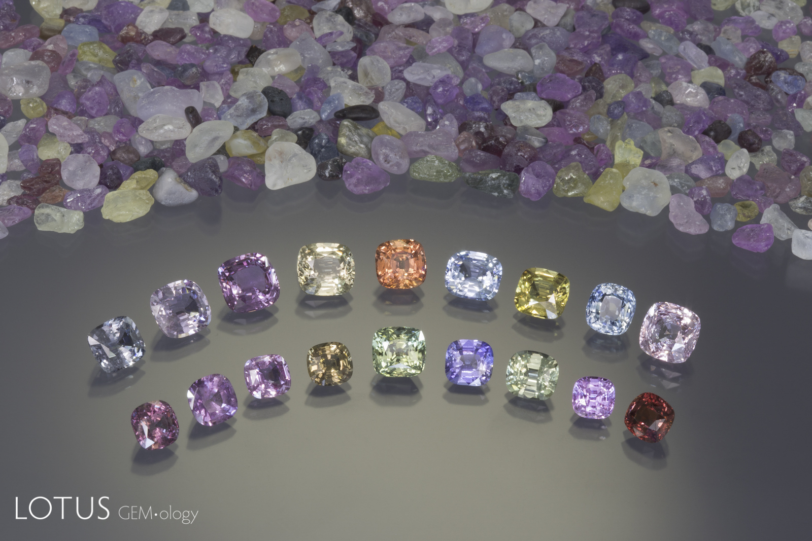 Unheated Madagascar sapphires from the Ilakaka region, ranging from 1.3–3.9 ct. Photo: Wimon Manorotkul; specimens: cut stones from Gem Fever; rough from the Lotus Gemology collection.