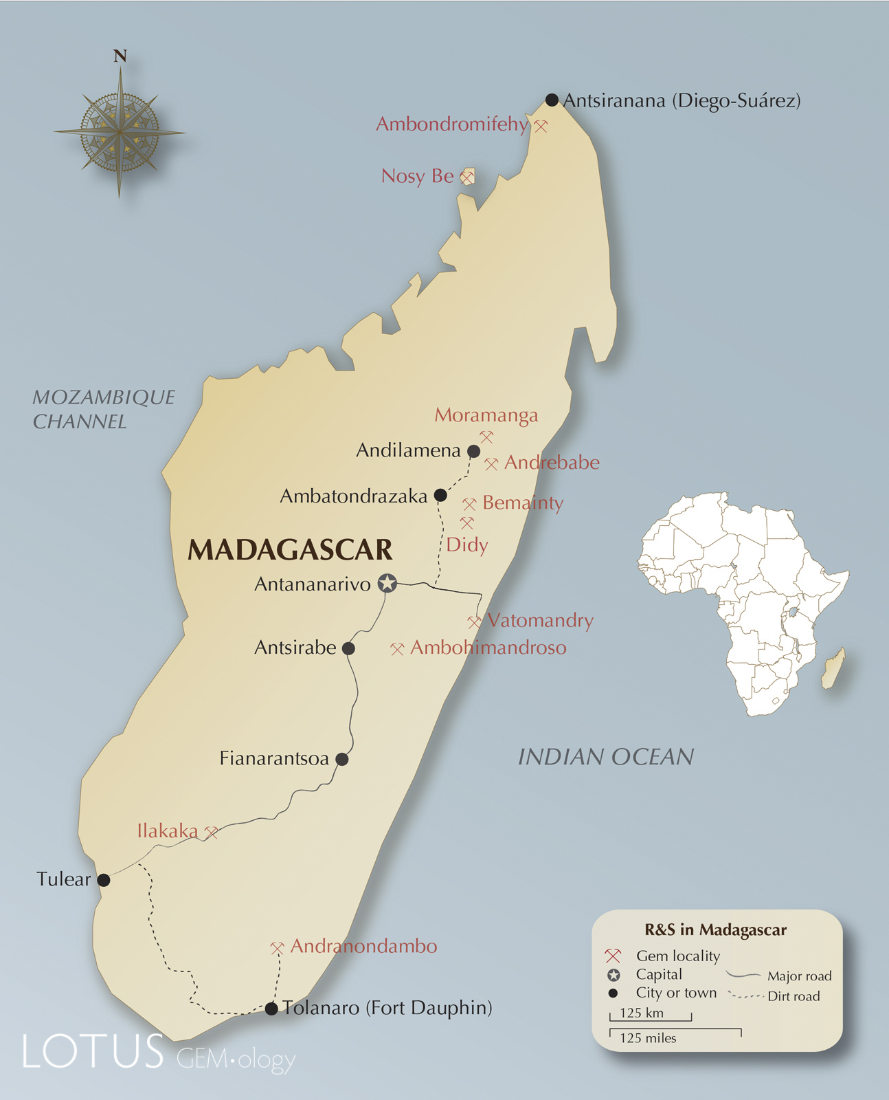 Map of Madagascar, showing the location of major ruby and sapphire mines and roads. 