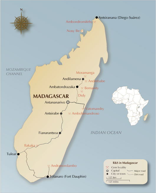 Map of Madagascar showing the major ruby and sapphire localities. The new ruby find is thought to be south of Andilamena, at Ambodivoahangy, in Zahamena National Park. Map: R.W. Hughes/Lotus Gemology. Click on the map for a larger image.