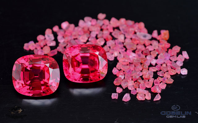 Fine red spinels from Mahenge, Tanzania. These fabulous gemstones (over 20 carats each) were cut from one of the giant crystals found in August 2007 at Ipanko. Stones courtesy of Paul Wild, Idar-Oberstein. Photo: V. Pardieu/Gübelin Gem Lab 2008.