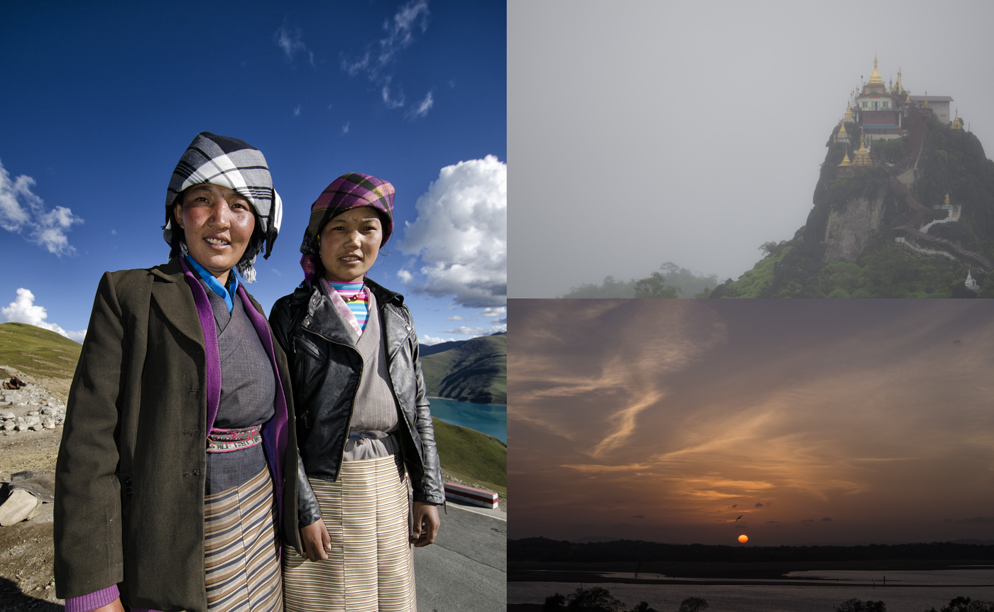 Figure 10. Natural light is not constant in spectral composition, but varies according to latitude, time of day, cloud and pollution conditions and whether or not one is using direct sunlight or skylight.  Left: Two ladies in Tibet, silhouetted against a deep blue sky. It is obvious that such skylight would enhance the appearance of blue stones. Top right: Fog in Myanmar’s Mogok Stone Tract. The high moisture content gives the light a grayish cast. Bottom right: Sunset on Sri Lanka’s western coast. While such sunlight could easily enhance the color of red and yellow stones, it should be noted that direct sunlight is rarely used for examining gems. Typically we use skylight, instead. Such skylight is actually more blue early and late in the day. Thus blue sapphires will look better at those times. Conversely, when viewed with skylight, rubies will look best around midday, because the skylight is less blue. Photos: R.W. Hughes
