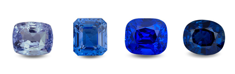 Four blue sapphires showing a variation in saturation and tone. Unlike with ruby/pink sapphire, the gem trade places all stones into the same variety, no matter what the tone/saturation range. Broad variety definitions such as this actually enhance consumer protection, because they force buyers to use their eyes, rather than looking for definitions on a gemological certificate.
