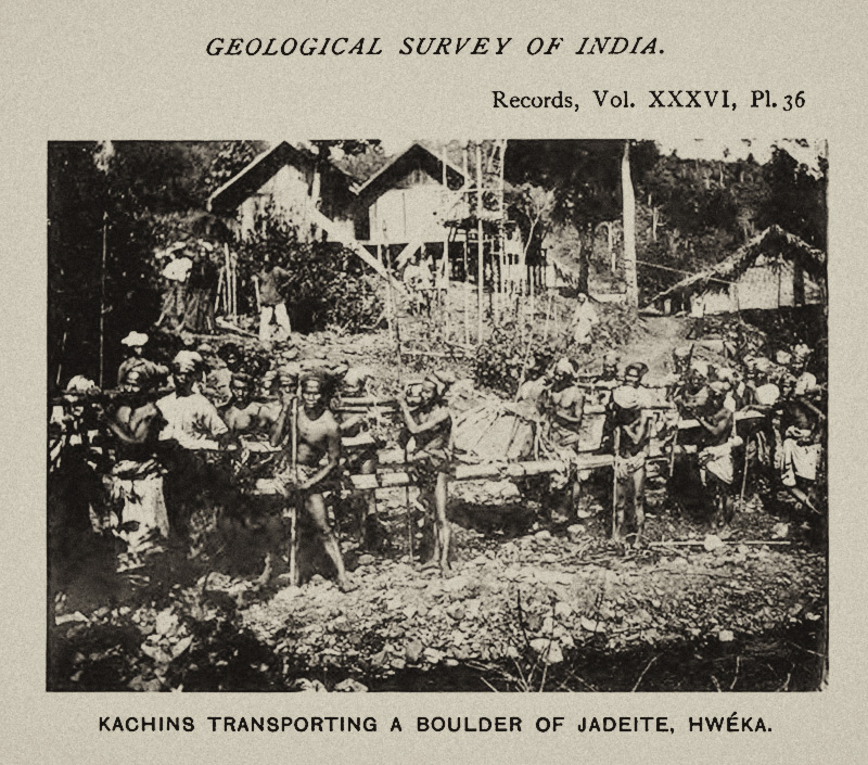 Kachins transporting a large jadeite boulder at Hweka. From Bleeck, 1908.