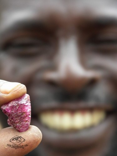 Mr. Esperitus, displaying his ruby find at Lukande, near Mahenge. He was responsible for first discovering the spinel mines at Ipanko. Photo: Vincent Pardieu