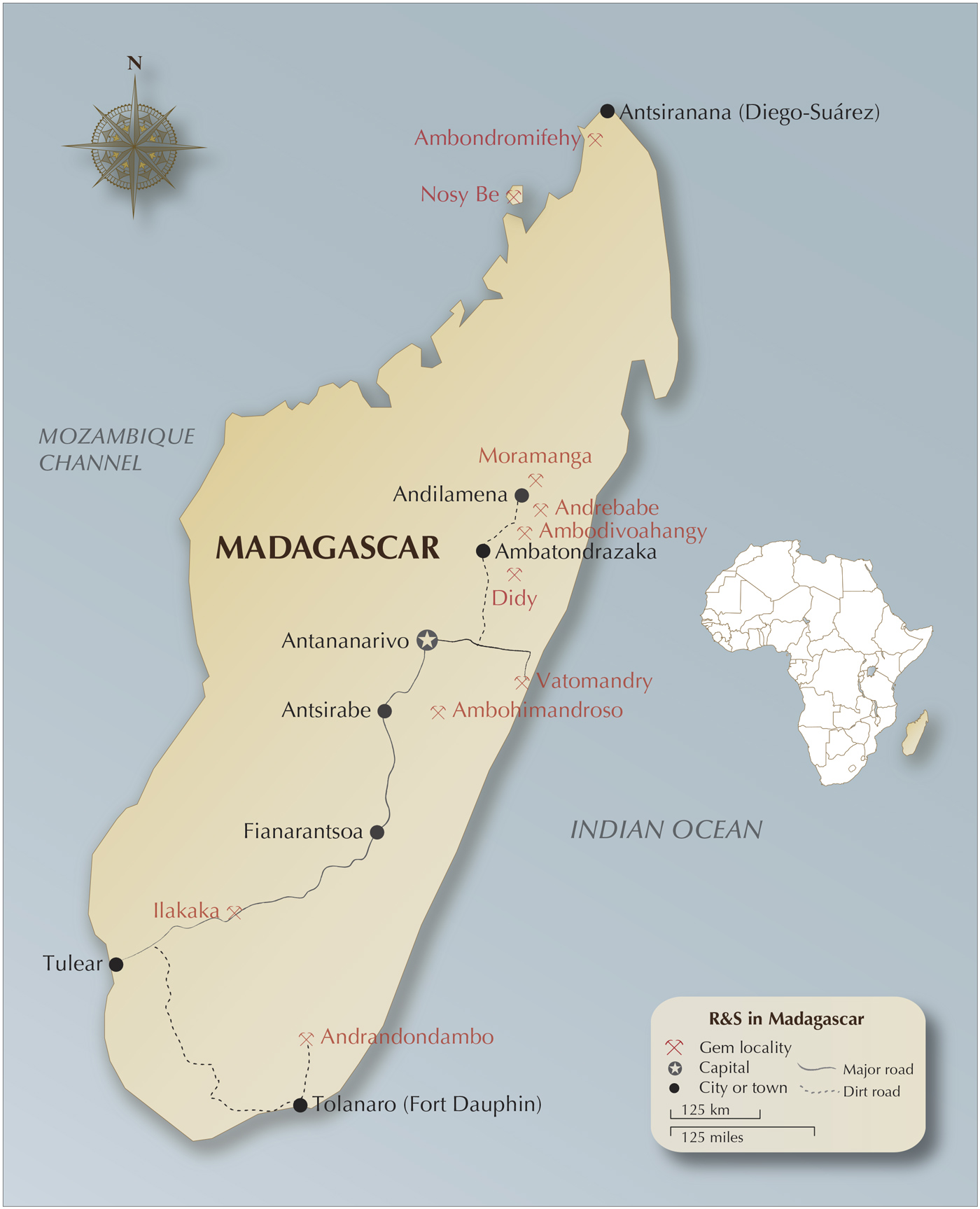 Map of Madagascar, showing the island's most important corundum localities, along with the author’s route.  Map: Richard W. Hughes