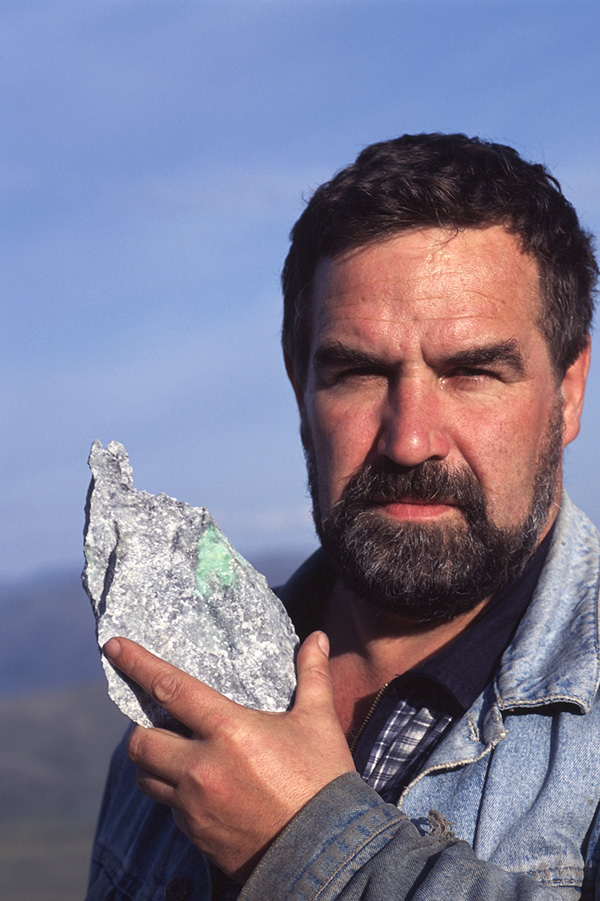Geologist Sergei Mikheev, with a piece of Polar jadeite. After ten years of looking Sergei discovered the first piece of jadeite in the Polar Urals. 
