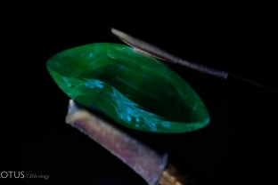 This cobalt blue spinel shines with a green fluorescence when viewed in longwave ultraviolet illumination.