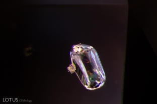 This spinel contained a few transparent, doubly refractive crystal inclusions. We analyzed the one pictured with micro Raman, and found that the larger crystal is apatite, while the small rounded crystals attached on the left of the apatite crystal are baddeleyite.