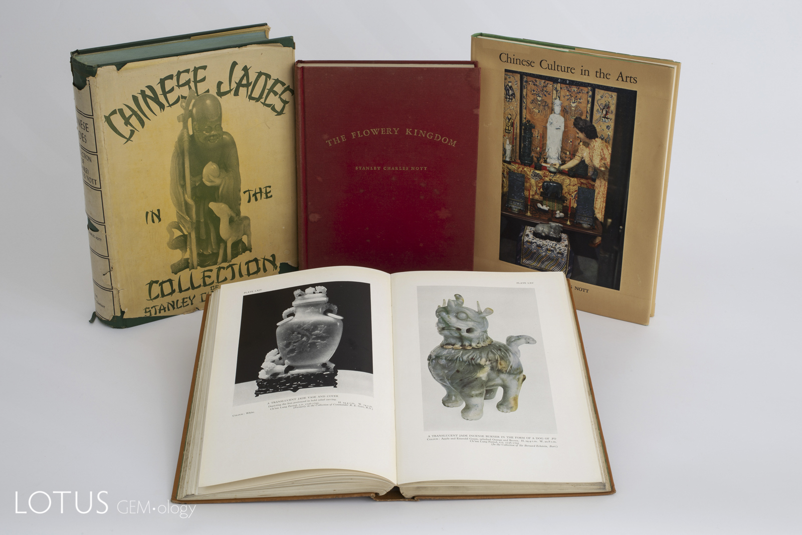 Charles Stanley Nott was perhaps the most prolific 20th century writer on jade. Here are four of his most collectable titles. In the foreground is his 1936 Chinese Jade Throughout the Ages. Note that two of these books feature dust jackets, which adds value, as so many were discarded.