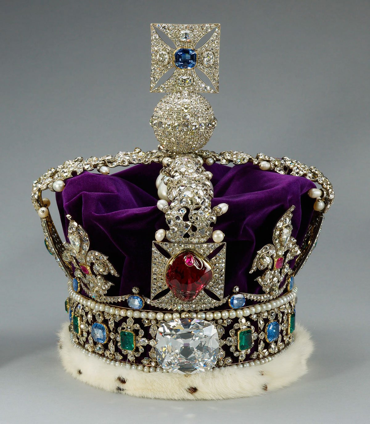 Perhaps the world's most famous gem, the Black Prince's Ruby (front, center), is actually a large red spinel. Its history is documented back to 1366 AD. Today it is mounted on the front of Britain's Imperial State Crown, which is located in the Tower of London. Britain's Imperial State Crown contains more famous gems than virtually any other ornament in the world, including the Black Prince's Ruby, the Stuart Sapphire (not visible), St. Edward's Sapphire (on top) and the Cullinan II diamond (below the Black Prince's Ruby).