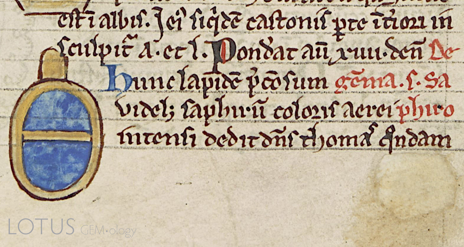 Figure  5. A drawing of a pendant with what is described as &ldquo;an intense sky-blue sapphire&rdquo; in an inventory of the treasure of St Alban&rsquo;s Abbey compiled in 1257. From the Liber Additamentorum compiled by Matthew Paris, British Library, Cotton MS Nero D I, f. 146r. &copy; British Library Board.