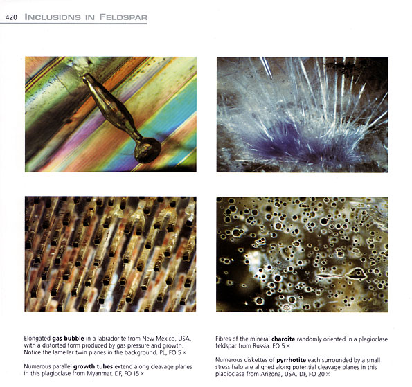 A typical page from the Photoatlas of Inclusions in Gemstones, Volume 2, showing the stunning imagery found betwixt its covers. Feldspars, page 420.