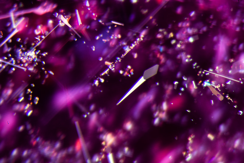 Rutile silk in ruby from Mozambique, featuring a small daughter crystal of unknown origin at the broad end. Oblique fiber-optic dark-field illumination. Photo: Richard W. Hughes