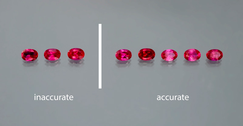 Flame fusion synthetics. Stones that are borderline between pink and red can pose problems for the SRI. Although these stones are similar in color, some tested accurately and some inaccurately, calling into question whether the instrument should be used at all for stones of this color range.