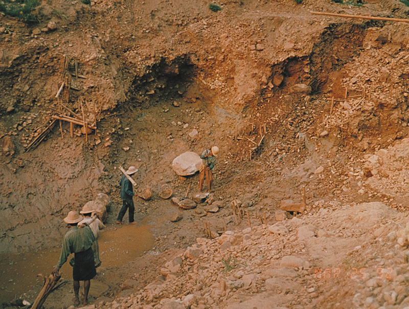 Sapphire mine of U Mya Mg at Khabine, near Gwebin, Mogok, Burma. In February of 1994, this mine yielded the 502-ct sapphire crystal in Figure 6.
