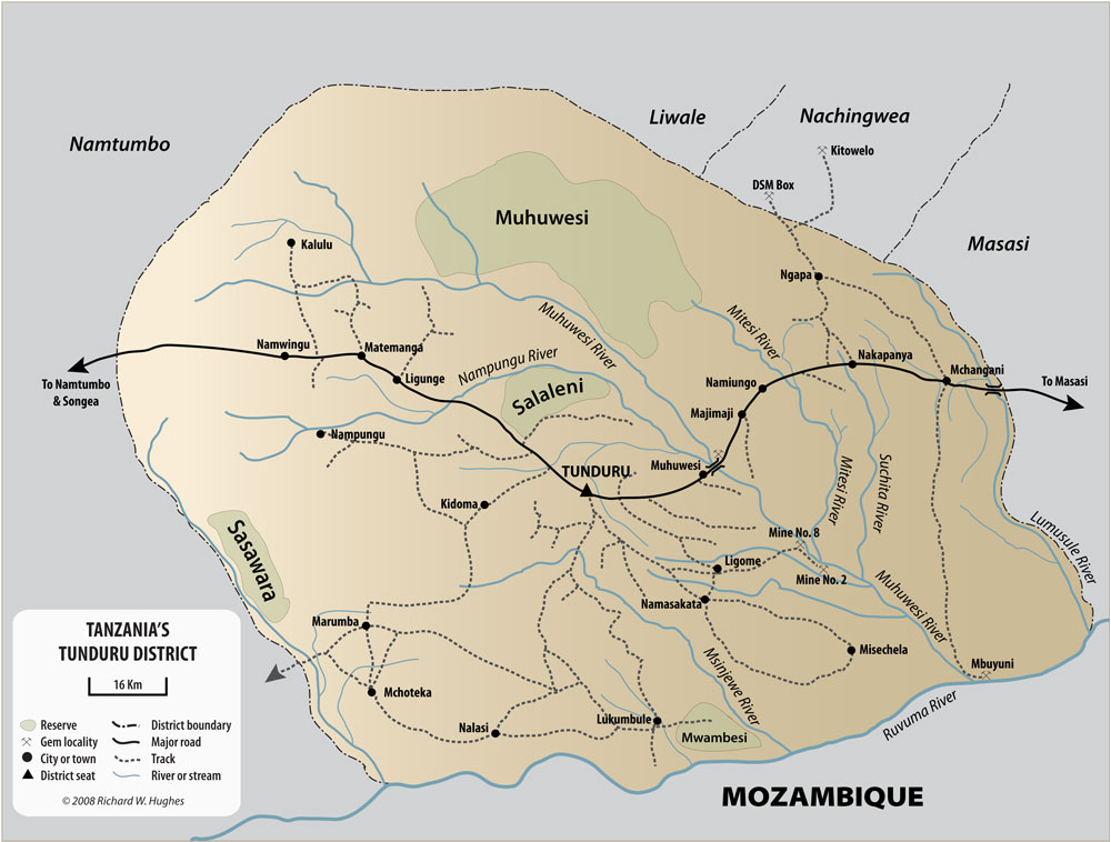 Map of the Tunduru region, showing the major mining districts. Map: Richard W. Hughes