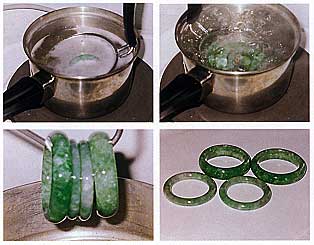 Figure 30. A process commonly used to enhance polished jadeite, waxing (or "wax dipping") is actually a simple procedure. First (top left), the bangles are soaked in a warm alkaline solution about 5–10 minutes to clean the residue left behind during polishing. Next they are rinsed, dried, and then soaked in an acidic "plum sauce" to remove any residue from the alkaline solution. Then, they are rinsed, dried, and placed in boiling water for several minutes (top right) to open the "pores" in the jadeite and bring it to the right temperature (to avoid cracking) before it is placed in a pre-melted wax solution for several minutes to several hours (bottom left). After waxing, the items are polished with a clean cloth to reveal their best luster (bottom right). Photos and description by Benjamin So.
