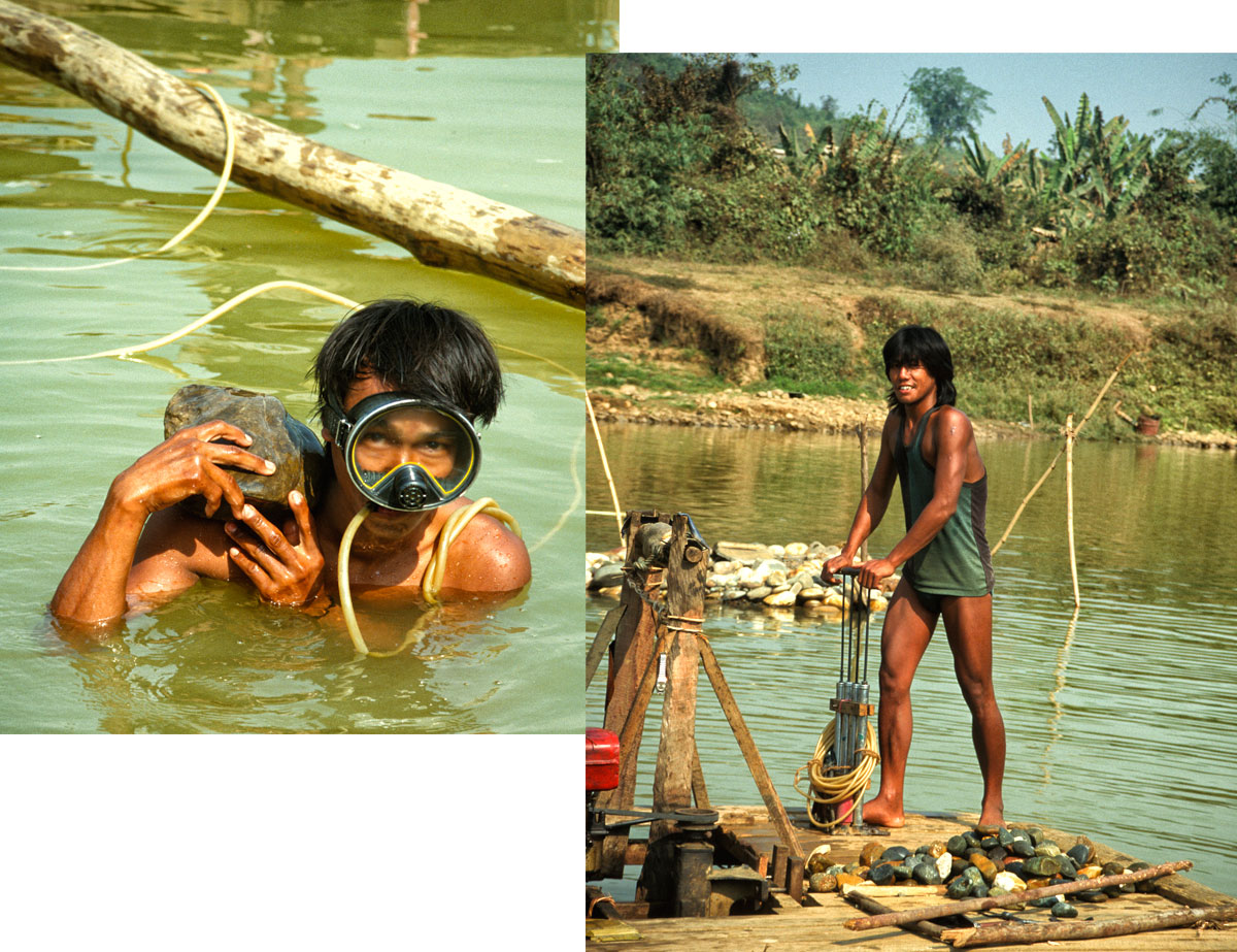 Figure 9. At Mamon and Maw-sisa in particular, miners take advantage of the seasons when the river is high to dive for jade. While a man on land or a raft works the crude air pump (which resembles four bicycle pumps strapped together), this diver at Maw-sisa searches the river bottom for jade with the hose between his teeth (inset). Photos © Richard W. Hughes. Click on the image for a larger photo.