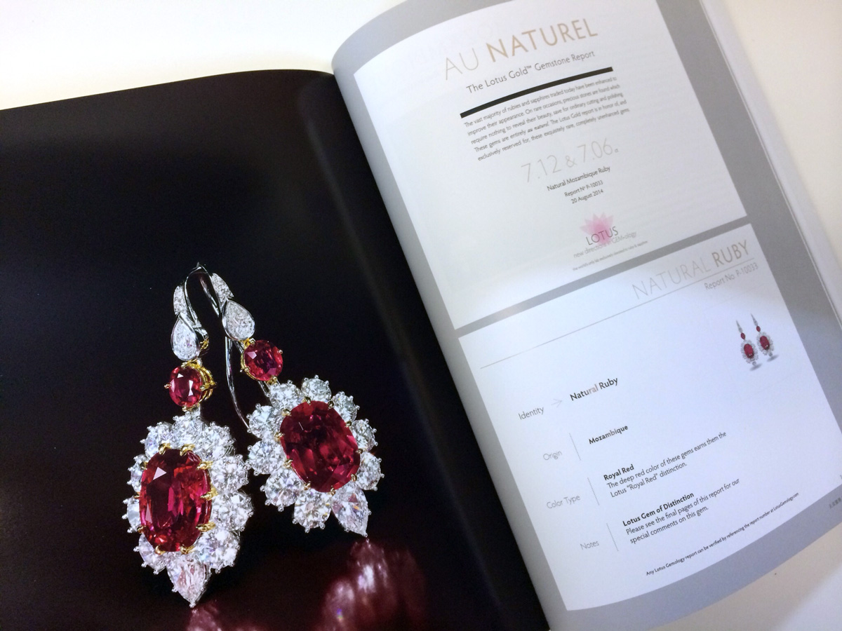 Lotus Gemology's Gold Report featured prominently in the auction catalog for the sale of this matched pair of 7 ct Mozambique rubies by Tiencheng International. These sold for US$1.7 million. 