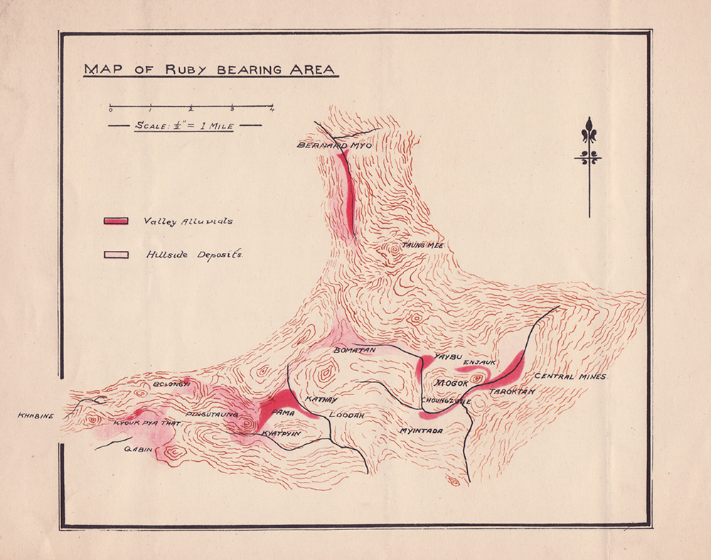 Rare map of Myanmar's Mogok Stone Tract. From The Burma Ruby Mines by Atlay & Morgan (1905)
