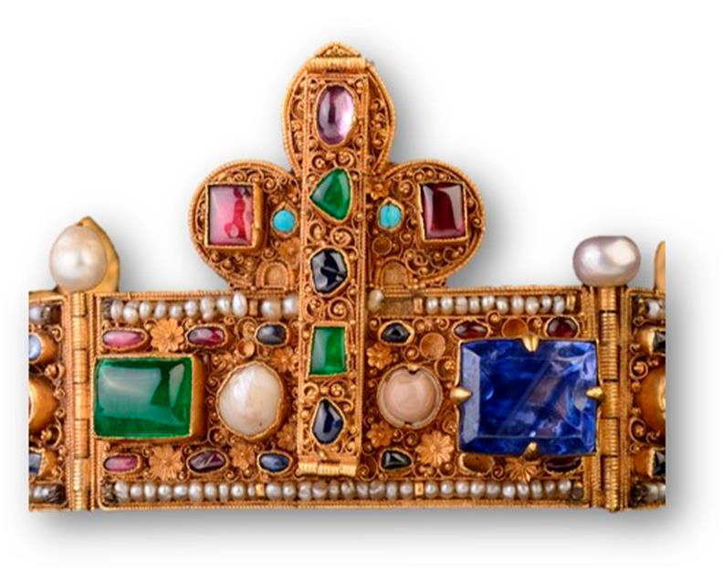 Figure 13. A portion of a crown-reliquary in gold, pearls, gemstones, 13th century, Mus&eacute;e Dioc&eacute;sain, Namur (Belgium). In 2021, the emeralds were identified by visual examination and portable XRF chemistry. Mus&eacute;e Dioc&eacute;sain, Namur.