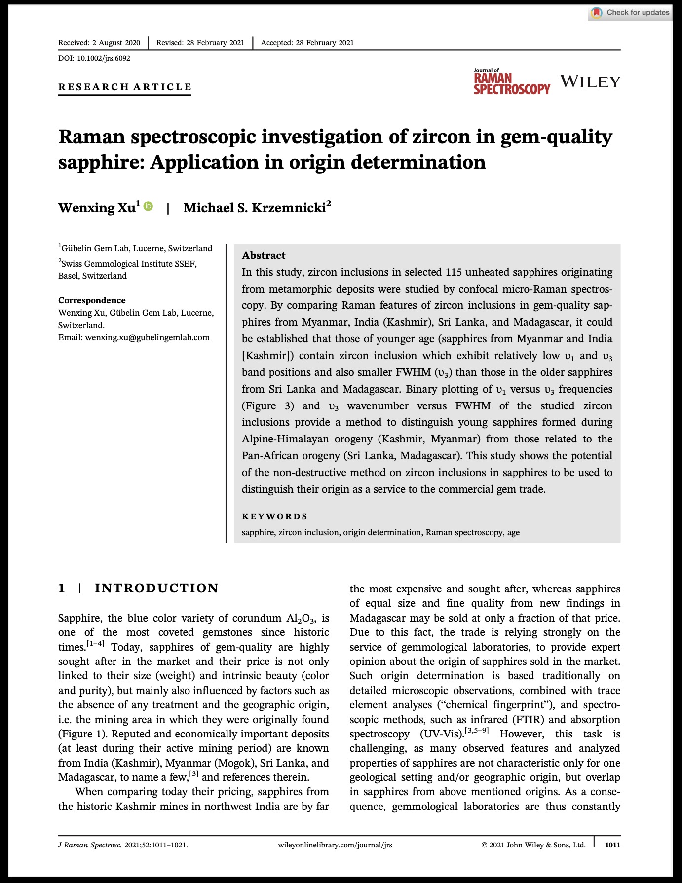 Raman spectroscopic investigation of zircon in gem-quality sapphire: Application in origin determination
