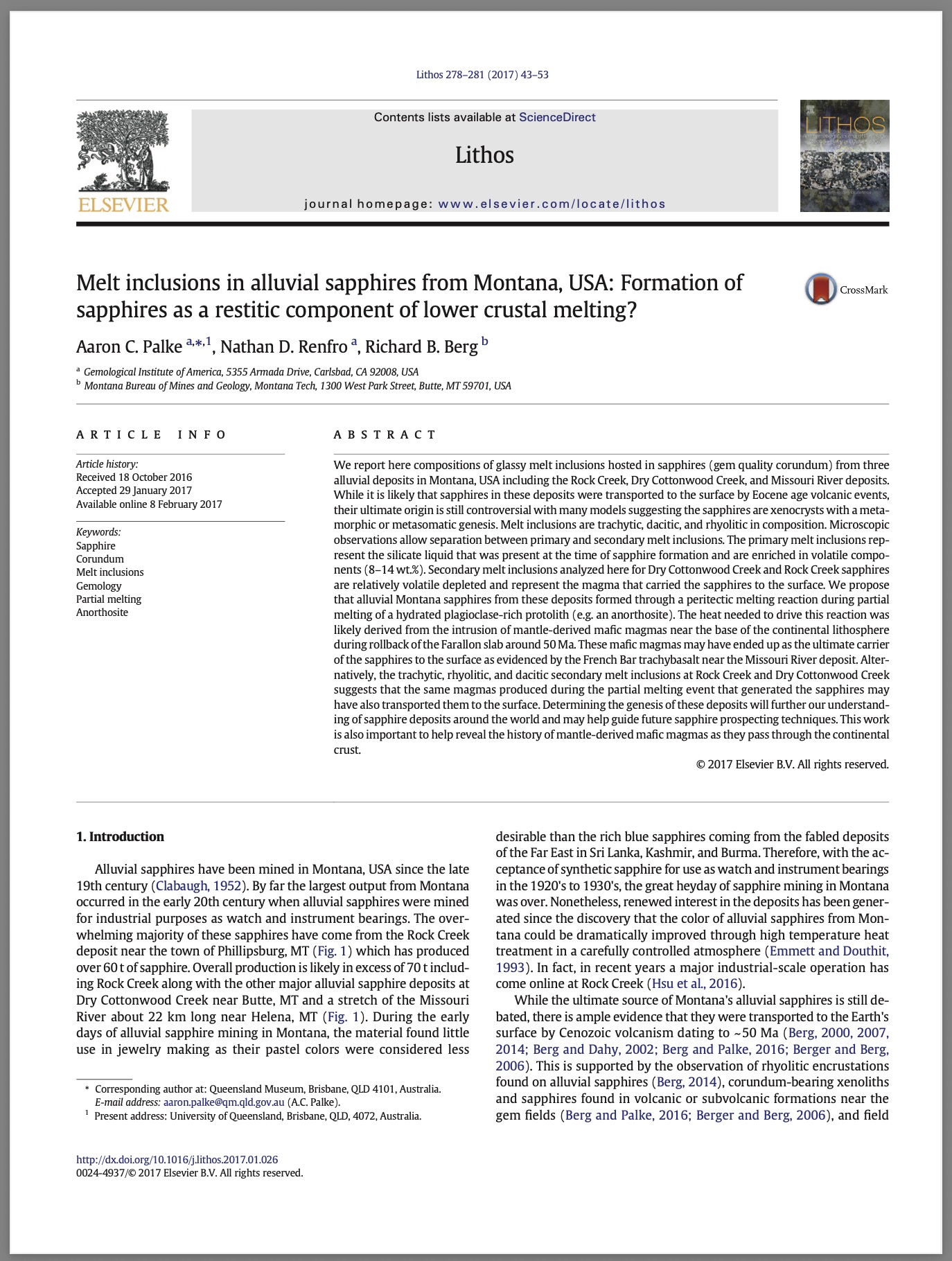 Melt inclusions in alluvial sapphires from Montana, USA: Formation of sapphires as a restitic component of lower crustal melting?