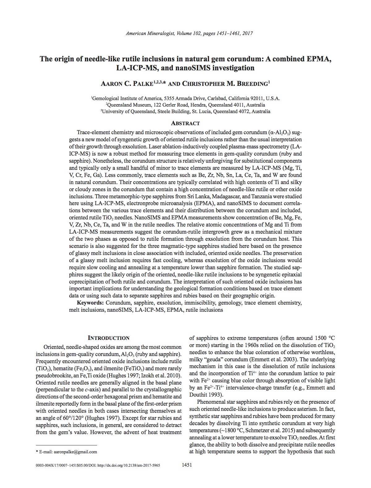 The origin of needle-like rutile inclusions in natural gem corundum: A combined EPMA, LA-ICP-MS, and nanoSIMS investigation