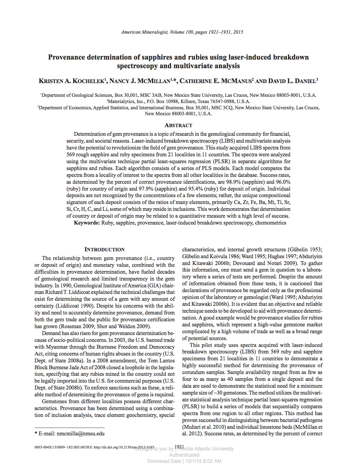 Provenance determination of sapphires and rubies using laser-induced breakdown spectroscopy and multivariate analysis