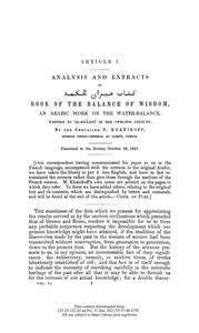 Analysis and extracts of كتاب ميزان الحكمة Book of the Balance of Wisdom, an Arabic work on the water-balance written by al-Khâzinî in the Twelfth Century