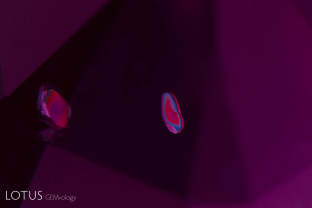 These rounded amphibole grains stand out in dramatic relief when viewed between crossed polars. They are a common guest in Mozambique rubies. This is not surprising when one considers that Mozambique ruby formed in amphibolite (a metamorphic rock consisting mainly of amphiboles) matrix.