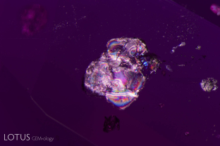 Mica is a common captive in Mozambique ruby. This example displays iridescence from the cleavage planes. Mica is heat sensitive. The lack of a glassy stress fracture surrounding it suggests that the stone has not been subjected to heat treatment.