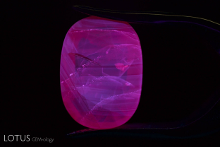 Shortwave ultraviolet can often reveal heat treatment even at relatively low temperatures. Low-iron rubies, padparadschas and blue sapphires will often display a zoned chalky fluorescence following heat treatment. It is generally the colorless areas of the stone that show this. The presence of chalky SW fluorescence is a strong indication of heat treatment.