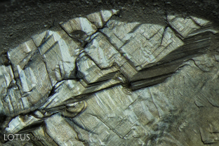 Basal parting on the back of a black star sapphire from Chanthaburi, Thailand. Exsolution of iron-rich inclusions in the basal plane produce mechanical weakness.