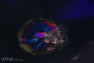 Glassy “discoid” inclusions in a heat-treated sapphire from Sri Lanka.