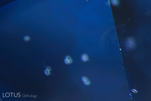 Heat-altered “snowball” like crystals in a heat-treated sapphire from Sri Lanka.