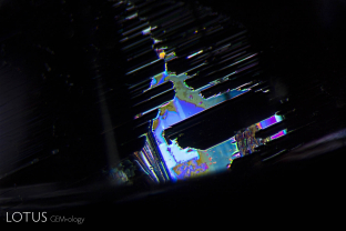 An iridescent secondary fingerprint inclusion in a pink sapphire from Sri Lanka. The healing pattern reveals the underlying atomic symmetry. In this case, the hexagonal healing structure show that the fingerprint lies in the plane of the basal pinacoid.