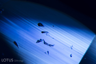 Irregular crystals are seen against a backdrop of sharp angular growth zoning in this untreated sapphire from Madagascar.