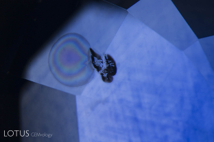 When a rutile-silk containing sapphire (such as this stone from Sri Lanka) is heated, the titanium from the rutile moves into solid solution in the sapphire, coloring the area around the rutile blue, creating a distinctive “ink spot” internal diffusion pattern.
