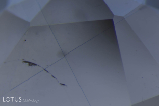 Crossing twin planes in a sapphire from a basaltic source. These are secondary glide twins, created by pressure after the stone grew, and form parallel to the rhombohedron faces, intersecting at 86.1 and 93.9°.