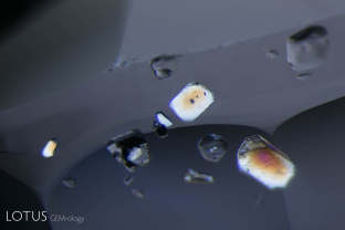 Birefringent crystals light up between crossed polars in this Ceylon sapphire.