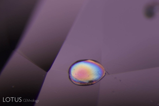 A transparent birefringent crystal cut through on the surface of this natural spinel from Mogok stands out in high contrast when viewed between crossed polars.