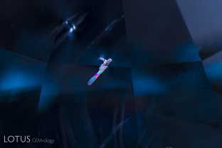 A transparent birefringent crystal in this cobalt-blue spinel from Vietnam stands out in dramatic contrast when viewed between crossed polars.