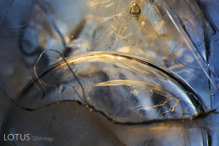 This sapphire crystal from Burma’s Mogok Stone Tract featured extremely large negative crystals with mobile carbon dioxide bubbles. These inclusions would rupture if heated, and so are proof of natural, untreated origin.